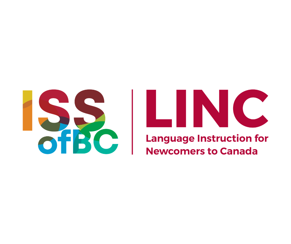 LINC Square Colourful "ISS of BC" logo with overlapping letters is on the left. Bold red "LINC" with "Language Instruction for Newcomers to Canada" is on the right, set against a black background.