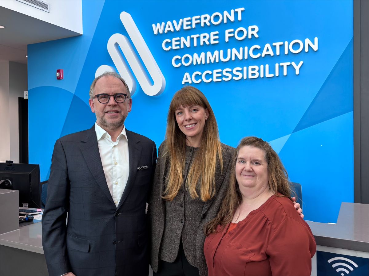 From left: Gord Pither, Board Chair, Andrea Bull, Chief Executive Officer, and Tammy Gray, Manager, Community Outreach Services gather to mark Wavefront Centre's 70th anniversary.