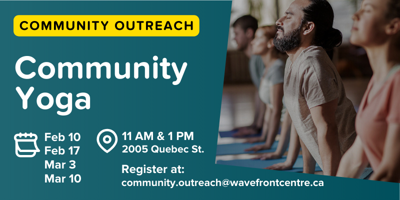 Community Outreach Yoga event poster. Side view of diverse people in a yoga class. Dates: Feb 10, 17, Mar 3, 10 at 11 AM & 1 PM, 2005 Quebec St. Register via email.