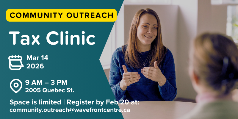 Community Outreach Tax Clinic ad. A smiling woman in a blue sweater talks to a person. Event: March 14, 2026, 9 AM–3 PM at 2005 Quebec St. Register by Feb 20.
