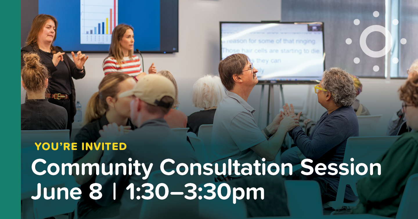 Wavefront-Email-CommunityConsultation2026-horiz_social Community consultation session with diverse attendees seated, discussing. Two women at the front present with a screen displaying a graph. Text overlay: 'You're invited, Community Consultation Session June 8 | 1:30–3:30pm.'