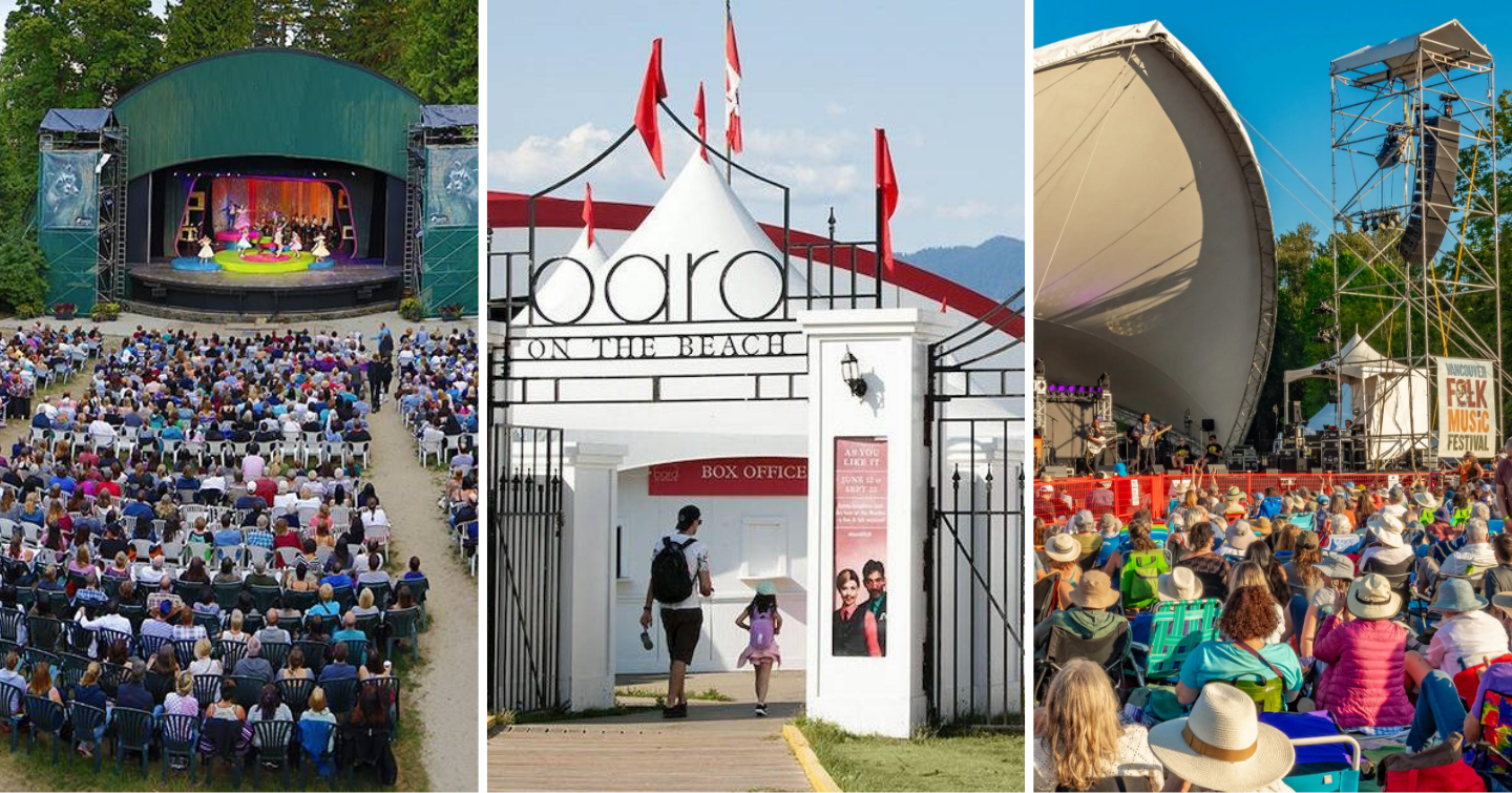 A triptych of outdoor festivals: left, a large audience at a vibrant forest amphitheater; middle, "Bard on the Beach" entrance with flags; right, music fans in hats at a lively open-air concert.