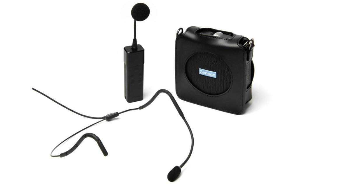 Simeon Sprek portable audio system with a compact speaker, wireless microphone and hands-free headset microphone.