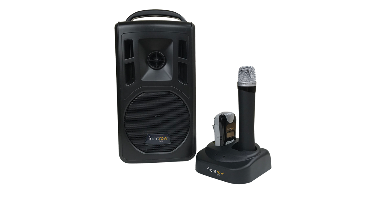 FrontRow Lyrik portable audio system with a speaker, handheld microphone, wearable microphone and charging dock.
