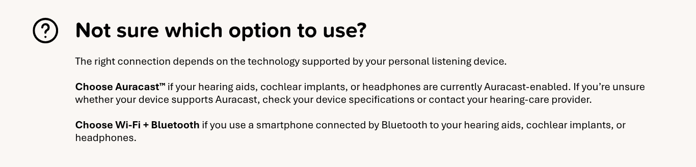 Guidance for choosing Auracast or Wi-Fi and Bluetooth audio access